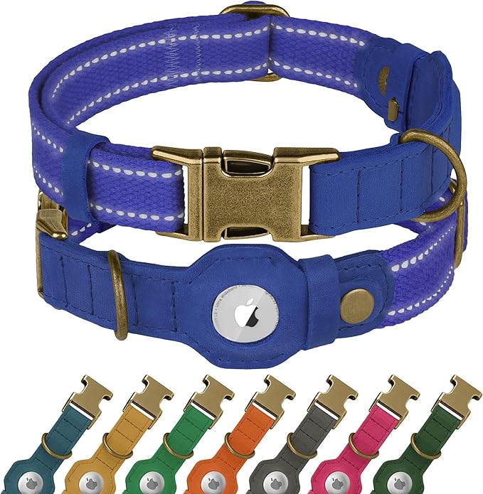 Reflective Leather Dog Collar with AirTag Holder - Soft Apple Airtag Dog Collar with Metal Buckle - Safety Cotton Pet Collars for Dogs Small Large Dogs Puppy (Blue, M, 14"-18")