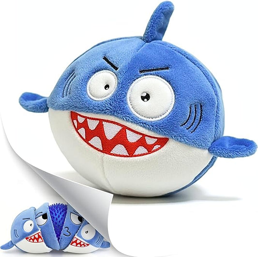 3 in 1 Squeaky Soft Plush Durable Dog Chew Toy for Aggressive Chewers, No Stuffing Interactive Tough Rip & Reveal Crinkle Blue Shark Ball in Gift Box, Puppy, Small & Large Breed Pets Birthday Present