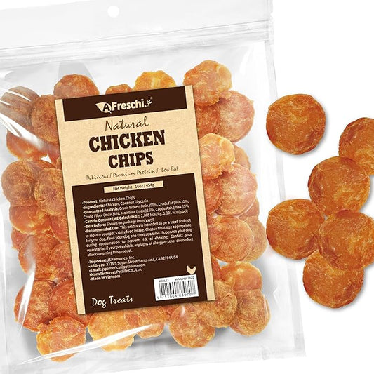 A Freschi srl Chicken Jerky Dog Treats, All Natural, High-Protein, Healthy & Easily Digestible, Grain-Free Puppy Chews, Human Grade Training & Rewards Dog Snacks, Chicken Chips, 16 oz Pack