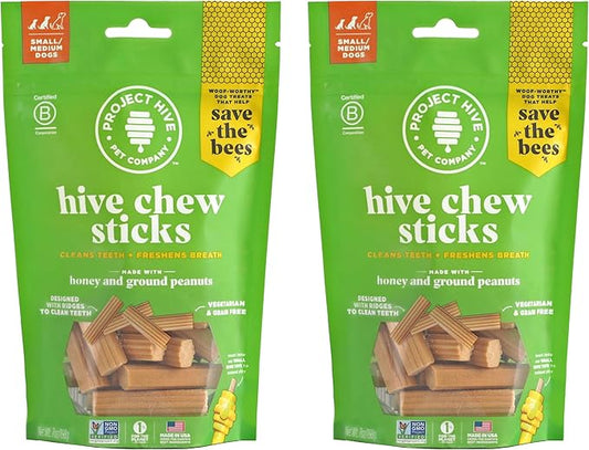 Hive Chew Stick Treats for Small Dogs 2 Pack - Healthy, Non-GMO Project Verified, Natural Peanut Butter Flavored, Natural, Vegetarian Chews, Made in The USA (Chew Sticks, Small Breeds)