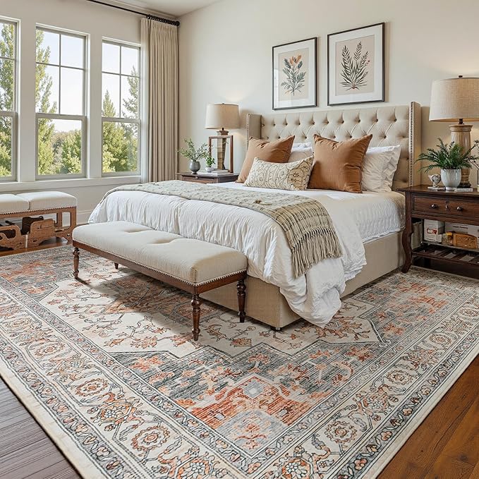 Lessymo 9×12 Area Rugs Washable for Living Room, Large Soft Indoor Rug Non-Slip for Bedroom Kitchen Dining Room Dorm Nursery, Vintage Boho Carpet Stain Resistant for Office Home Decor, Orange/White