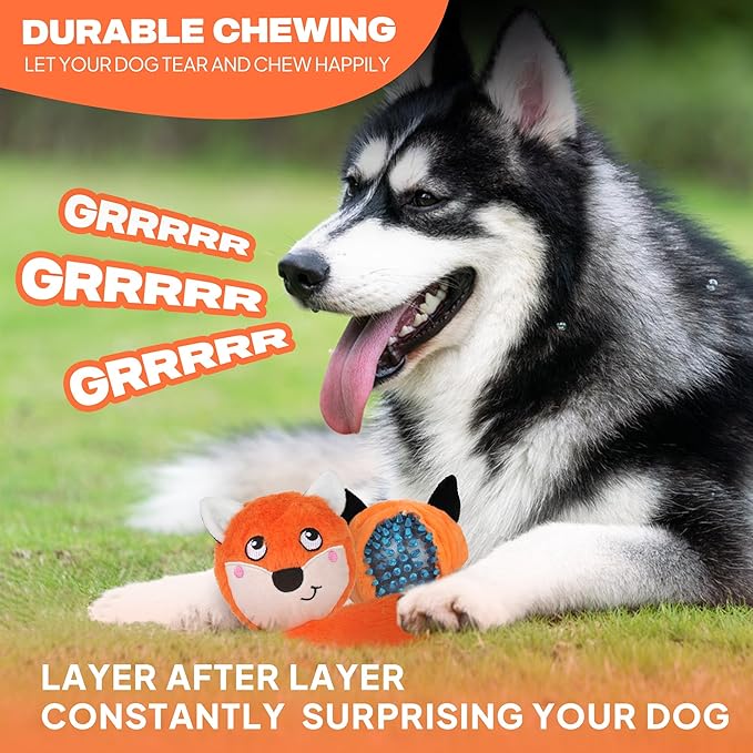 Fida Squeaky Dog Toys for Aggressive Chewers 3 in 1, Dog Chew Toys with 3 Layers,Interactive Dog Toys for Large Dogs Balls to Keep Them Busy for Small Medium Dogs(Fox)