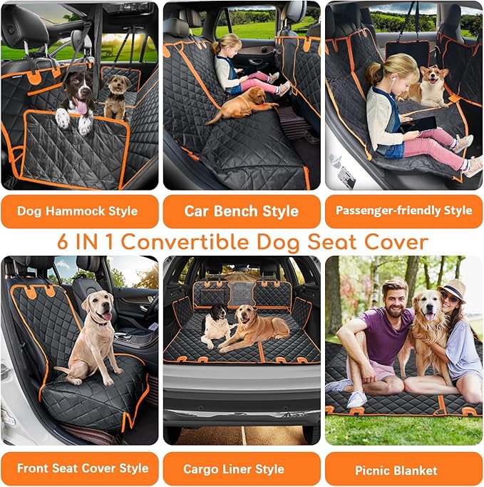 URPOWER 6-in-1 Dog Car Seat Cover for Back Seat, Waterproof Dog Car Hammock with Mesh Window, Non-Slip Pet Backseat Protector for Cars, Trucks and SUVs