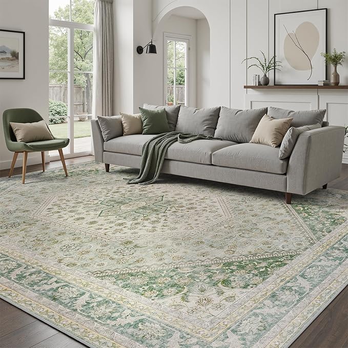 DCX Green 4x6 Area Rug, Machine Washable Non Slip Stain Resistant Vintage Rug for Living Room, Bedroom, Playroom, Soft Low Pile Large Nursery Carpet
