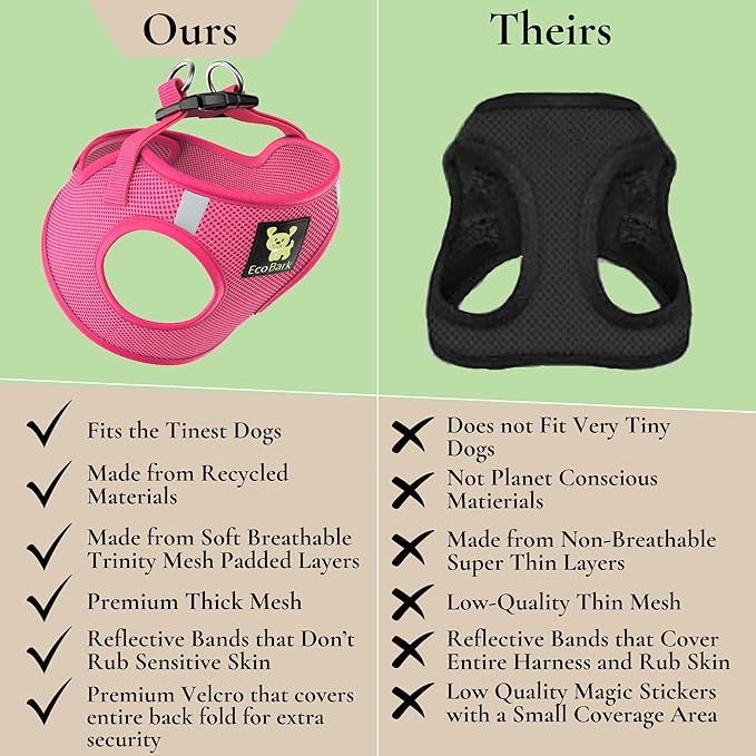 EcoBark Step in Dog Harness - Eco-Friendly Teacup Dog Harnesses for XXS, XS, and Small Dogs - Reflective and Adjustable Mini Body Halter Vest -Tiny Soft Mesh Toy Breed Harness Under 5 lbs (Pink, XXS)