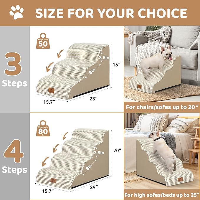 Dog Ramp and Stair for Bed 16" H-20 H,3-Step Cat Stair for Sofa and Chair,4-Step Dog Ramp for High Bed and Window,Durable Nonslip Fabric Cover for Indoor (Beige-16 H, Pet Friendly, 3)