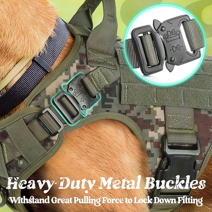 rabbitgoo Tactical Dog Harness for Large, Heavy Duty Pet Harness with Handle, No-Pull Service Vest Large Breed, Adjustable Military Dog Vest for Training Hunting Walking, Green Camo, L