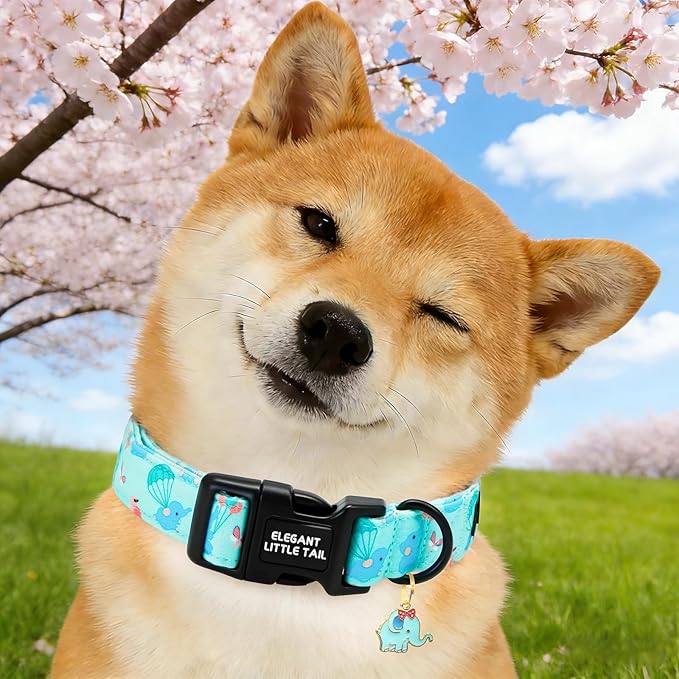 Elegant little tail Dog Collar, Cute Elephant Print Spring/Summer Soft Cotton Puppy Collars Adorable Male Pet Gift Lightweight Plastic Adjustable Dog Collar for Small Dogs