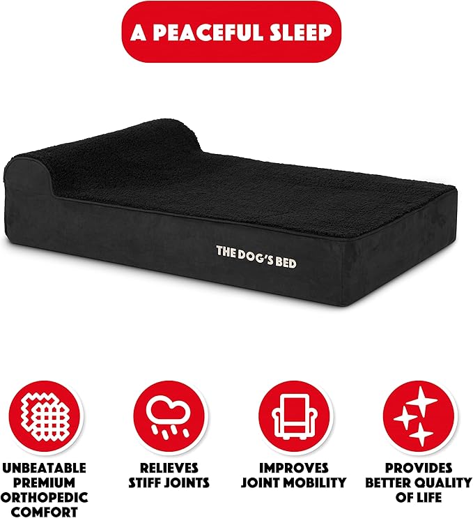 The Dog’s Bed Orthopedic Memory Foam Dog Bed with Headrest, Plush Fabric, Black Plush, L, 6-Inch