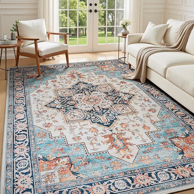 Lessymo 5x7 Area Rugs for Living Room, Washable Rug for Bedroom Kitchen Dining Room, Soft Vintage Carpet Non Slip, Large Boho Rug Low Pile for Entryway Dorm Nursery Kids Room Bedside, Orange/Blue