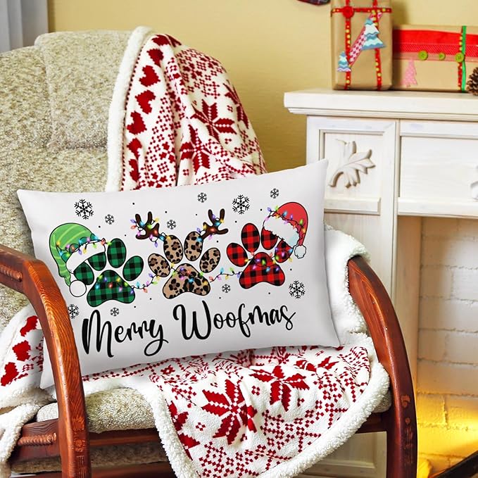 Dog Christmas Pillow Covers 20x12, Plaid Leopard Dog Paw Print Xmas Decorative Covers for Couch, Living Room Bedroom Decor