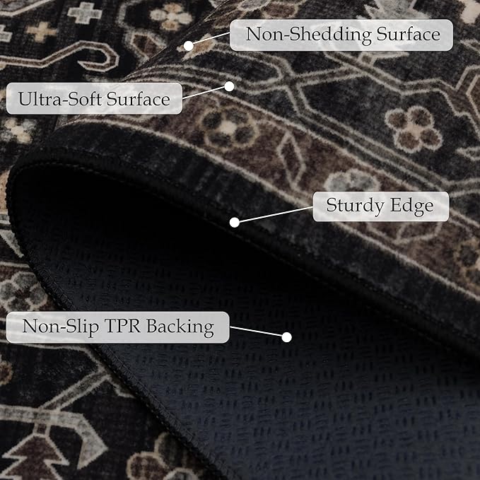 Area Rug Non Slip Machine Washable Ultra Soft Living Room/Bedroom/Kitchen/Outdoor/Classroom Black Gold, 2'×6'