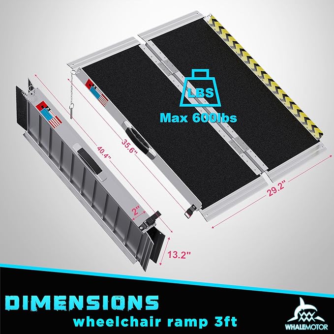 Portable Wheelchair Ramp 3FT, Anti-Slip Aluminum Folding Portable Ramp, Wheelchair Ramps for Home, Weight Capacity Up to 800 LBS, with Transition Plates Above and Below, Loading Dock Plates