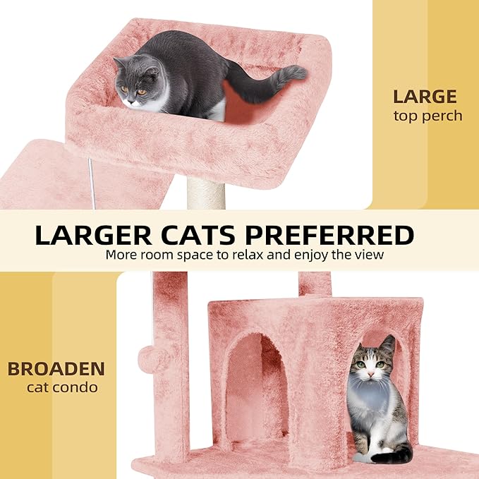 Cat Tree 54-Inch Cat Tower with Padded Plush Perch 2 Comfy Caves, Scratching Posts, Basket, 2 Pompoms, Multi-Level Plush Cat Condo for Indoor Cats Kittens, Pink