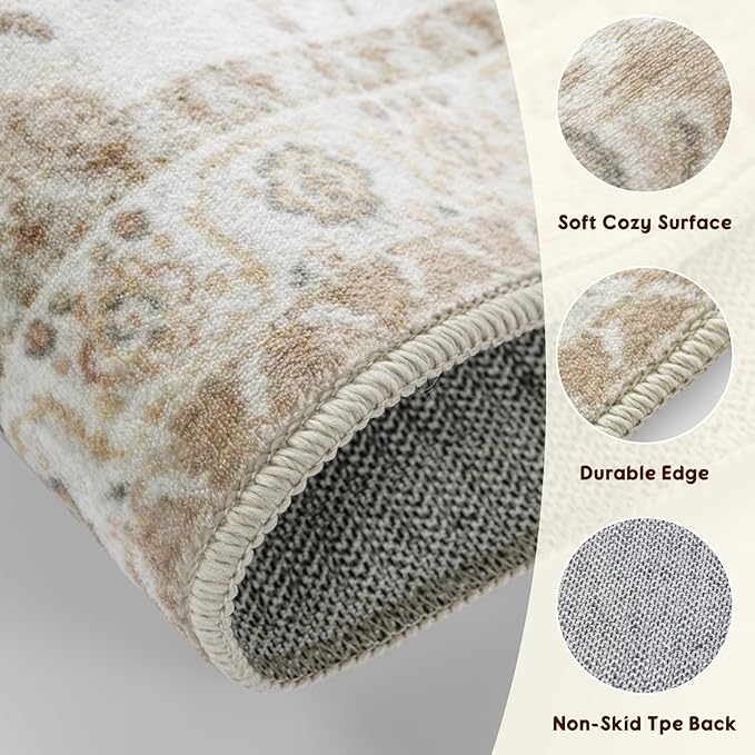 LBRO2M Boho Area Rug 9X12 Washable Rugs for Bedroom Low Piles Indoor Carpet, Non Slip Soft Rug for Living Room, Dining Room, Cream Rug Foldable Pet Friendly Area Rugs Stain Resistant (9'X12' Cream)