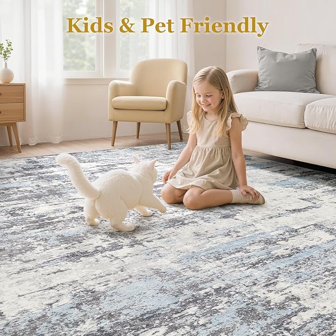Area Rugs for Living Room: 5x7 Abstract Washable Rug Modern Neutral Large Soft Stain Resistant Non-Slip Backing Machine Table for Bedroom Dining Room Indoor Home Office Carpet - Blue Grey