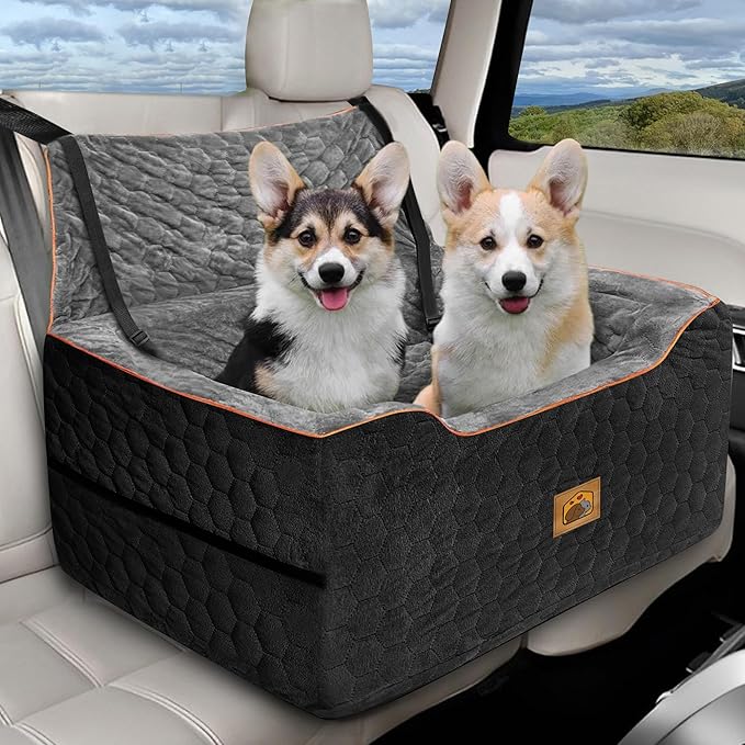 Dog Car Seat for Medium/Large Dog Booster Seat for Dogs Under 60 lbs or 2 Small Dogs, Multi-Functional Pet Car Seat with Thick Cushion, 2 Safety Leashes (BlackGray)
