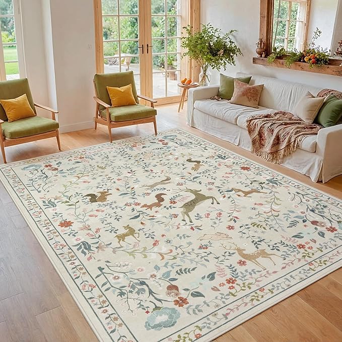 5x7 Area Rugs Washable Rug: Lagre Boho Living Room Rug Soft Non-Slip Thin Carpet Indoor Floor Non-Shedding Neutral Floral Carpets for Bedroom Dining Room Farmhouse Nursery Beige Animal