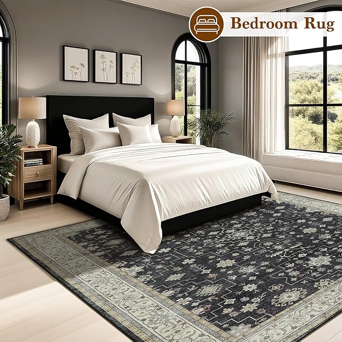 LBRO2M Black Washable Rugs 10X14 Area Rug for Living Room for Bedroom Dining Room Non Slip Farmhouse Rugs Easy Clean, Stain Resistant Carpet Great for Pets and Kids (10'X14' Charcoal Black)