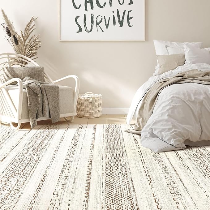 Nakagishi 9x12 Area Rug Living Room: Washable Boho Large Neutral Modern Soft Farmhouse Rugs Stain Resistant Indoor Floor Non-Slip Carpet for Bedroom Nursery Kids Playroom Office Dining Room- Brown