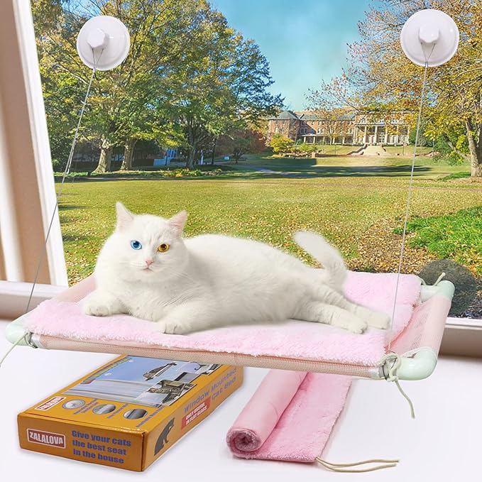 ZALALOVA Cat Window Perch, Pink Cat Hammock Window Seat Free Fleece Blanket for Female 2025 Latest Screw Suction Cups Extra Large Sturdy Bed Resting Indoors (One Extra Suction Cup)