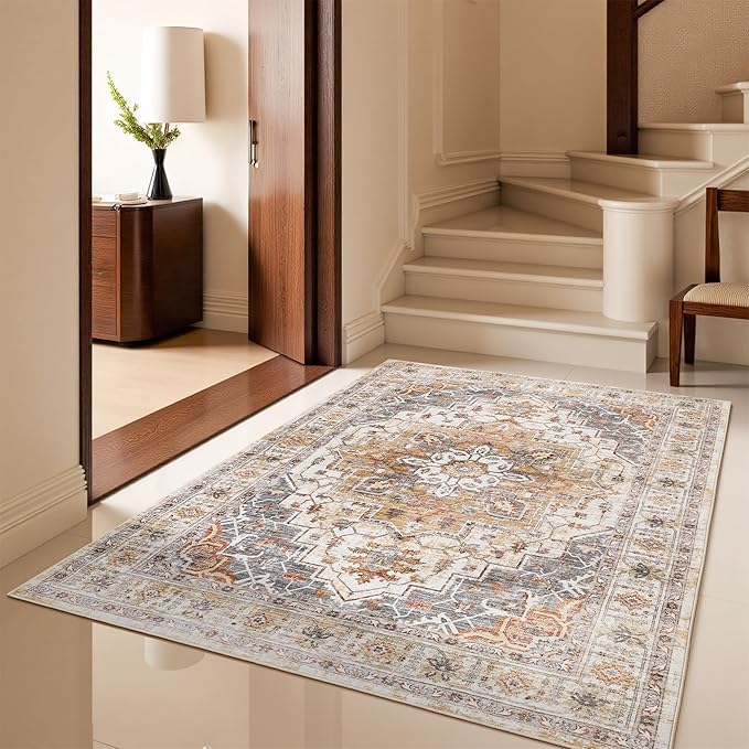 4x6 Rugs for Living Room Bedroom,Non-Slip Washable Rug,Stain Resistant Lightweight Area Rugs for Dining Room,Ultra-Thin Indoor Floor Carpet (Turmeric/Grey, 4'x6')