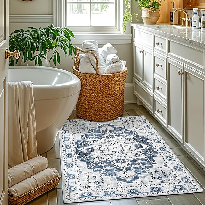 LBRO2M Rug for Entryway Indoor 2X3 Washable Rug Boho Design Door Carpet Throw Rugs for Kitchen Bathroom Non Slip Pet Friendly Area Rugs (2X3, Blue)