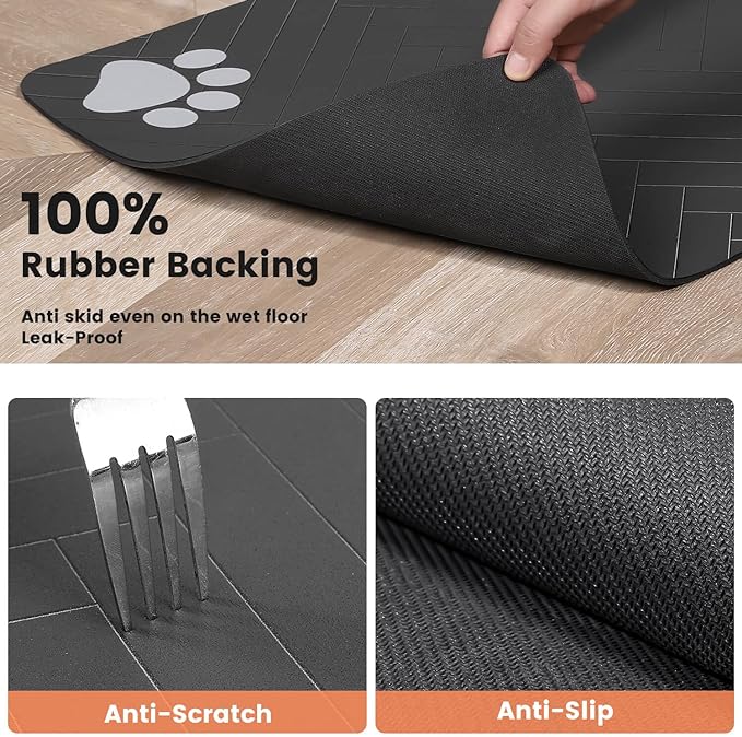 Pet Feeding Mat-Absorbent Pet Placemat for Food and Water Bowl, with Waterproof Rubber Backing, Quick Dry Water Dispenser Mat for Dog and Cat (20"x12", Black)