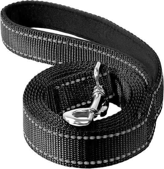 Reflective Dog Leash 6ft Soft Padded Handle Nylon Lead for Medium & Large Dogs, Durable Walking Training Leash for Night Safety (Black,1Inch Wide)