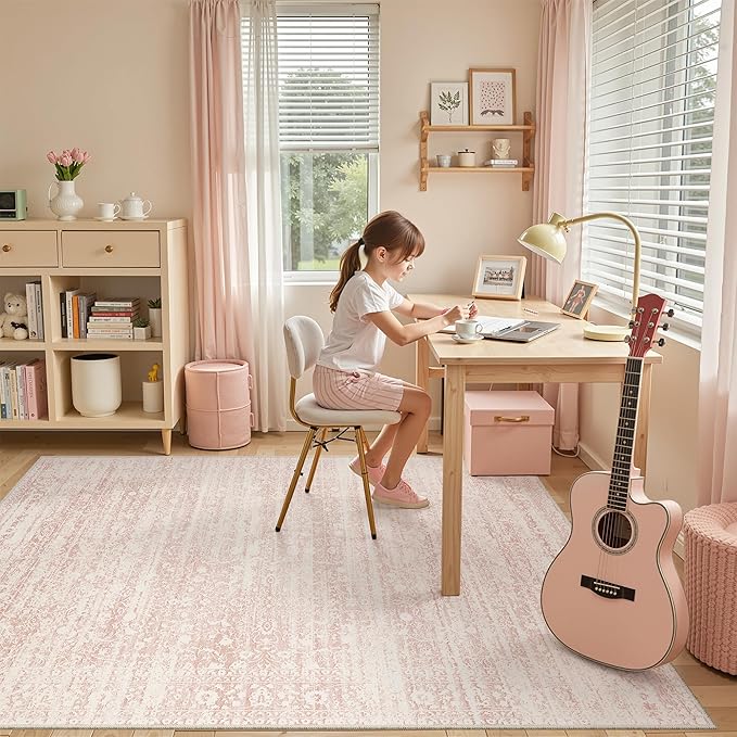 Pink 6x9 Area Rugs for Baby Girl Nursery, Washable Rugs Vintage Floral Non-Slip Low Pile Soft Throw Carpet for Living Room Dining Room Bedroom Kids Playroom (Pink, 6'x9')