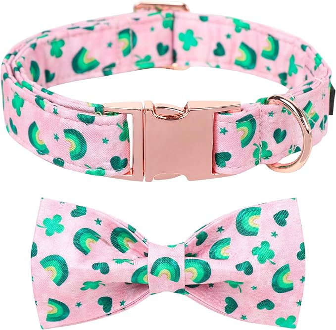 Maca Bates St. Patrick's Day Shamrock Dog Collar,Fancy Bow Tie,Small Girl Boy Dogs, Pink,Green Rainbow,Four Leaf Clover Pattern,Adjustable Durable Soft Collars Irish Gift for Male Female Puppy
