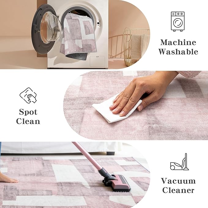 8X10 Area Rugs Modern Abstract Large Carpet for Living Room Bedroom Dining Room Office Nursery, Non Slip Washable Pink Rugs 8X10 Geometric Pattern Thin 8 by 10 Indoor Home Decor Pet & Child Friendly