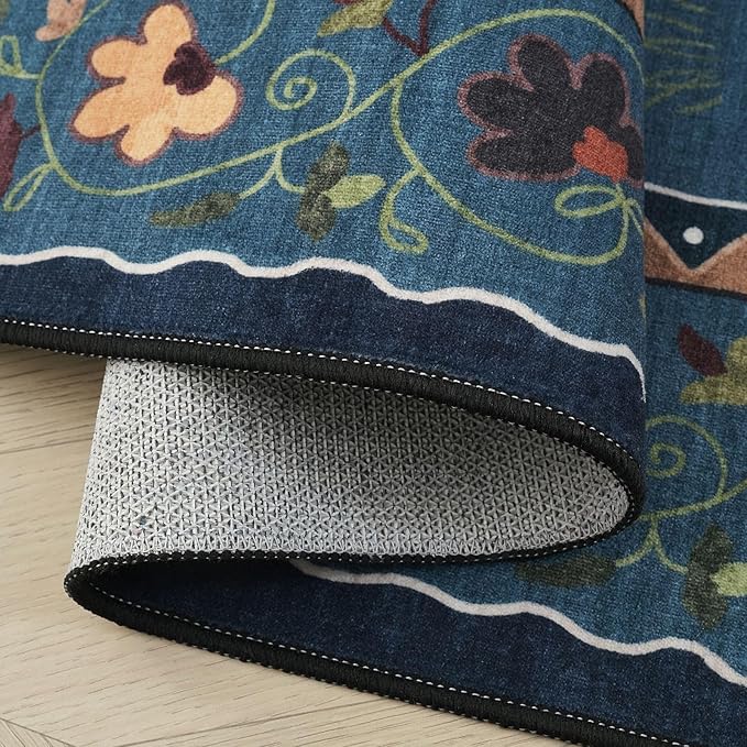 Rugcomf Bedroom Rug 3x5 Rug Washable Area Rug Non Slip Low Pile Boho Floral Animal Cat Small Carpet for Bedside Kitchen Entryway Kids Room Office College Dorm Essentials for Girls, Pearl Gentian Blue