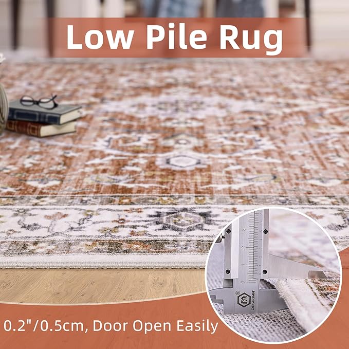 8x10 Rugs for Bedroom, Vintage Washable Rugs Non Slip Large Area Rug for Living Room Dining Room Office, Floor Decoration Big Carpet Low-Pile Kid & Pet Friendly(Border Brick Red)
