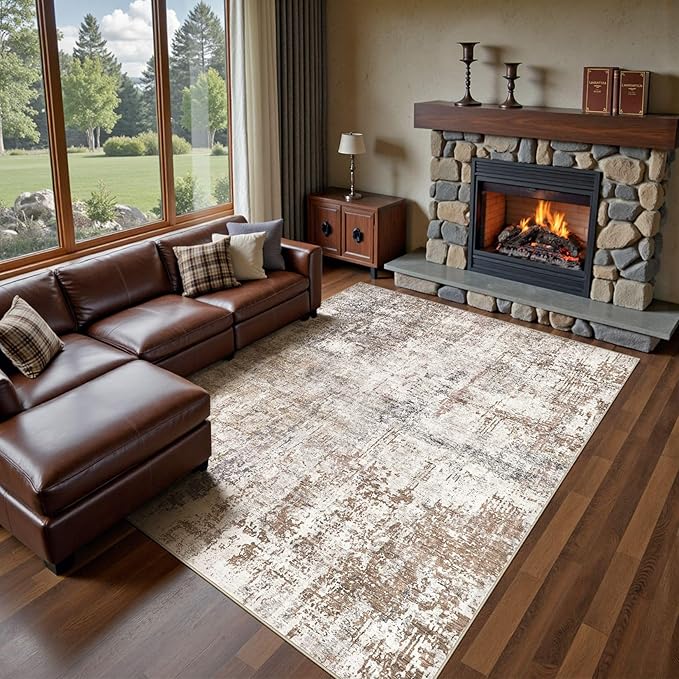 Area Rug Living Room Rugs - Washable Neutral Modern Abstract Soft Thin Rug Indoor Floor No Slip Rug Carpet for Bedroom Under Dining Table Home Office Decor - Brown/Grey/Red - 8x10