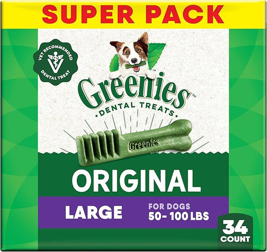 Greenies Veterinarian-Recommended Adult Natural Dental Dog Treats Large Size, Dog Dental Chews, Original Flavor, 54 oz. Pack, 34 Count