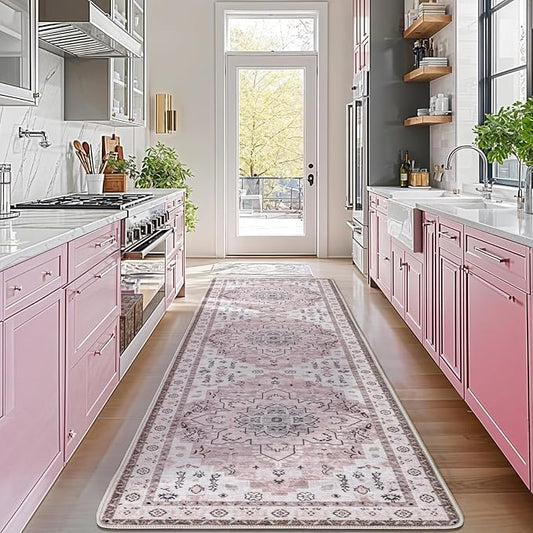 LBRO2M Boho Hallway Rug 2'X10’ Washable Runner Rugs Non Slip Low Piles Rugs Vintage, Soft, Pink Area Rug Runners for Hallways, Bedroom, Kitchen Laundry Room Pattern Print (2'X10', Light Pink)