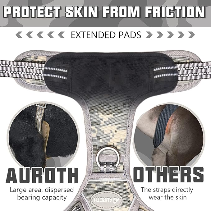 AUROTH Tactical Dog Harness for Small Medium Large Dogs No Pull Adjustable Pet Harness Reflective K9 Working Training Easy Control Pet Vest Military Service Dog Harnesses Medium Grey Camo