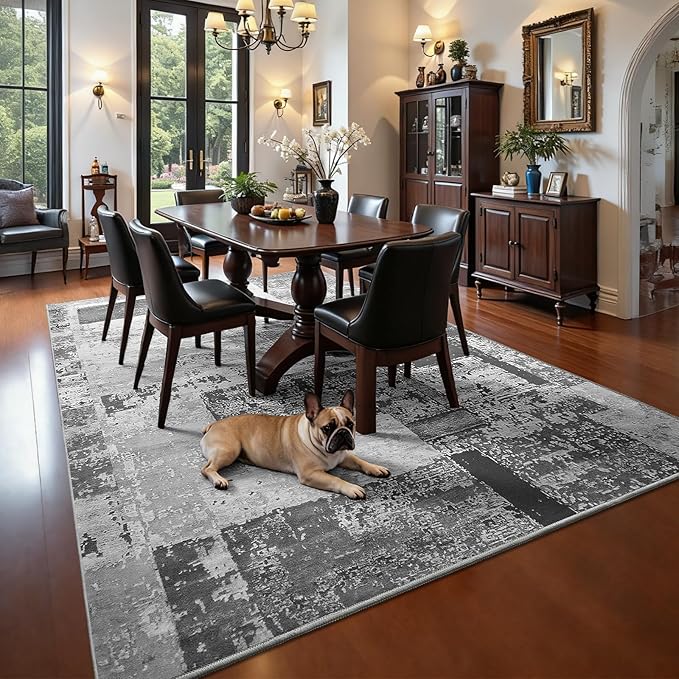 LOCHAS Rug for Living Room 6x9, Washable Soft Area Rugs for Bedroom, Abstract Carpet for Indoor Office Kids Dining Room Nursery Floor, Grey Geometric Vintage Home Decor, Non Slip, Pet Child Friendly