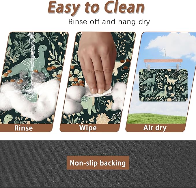 Cute Dinosaur Dog Cat Food Mat,Forest Absorbent Pet Feeding Mat with Rubber Backing,Non-Slip Water Bowl Placemat,Indoor Pet Accessories Supplies 12"x20"