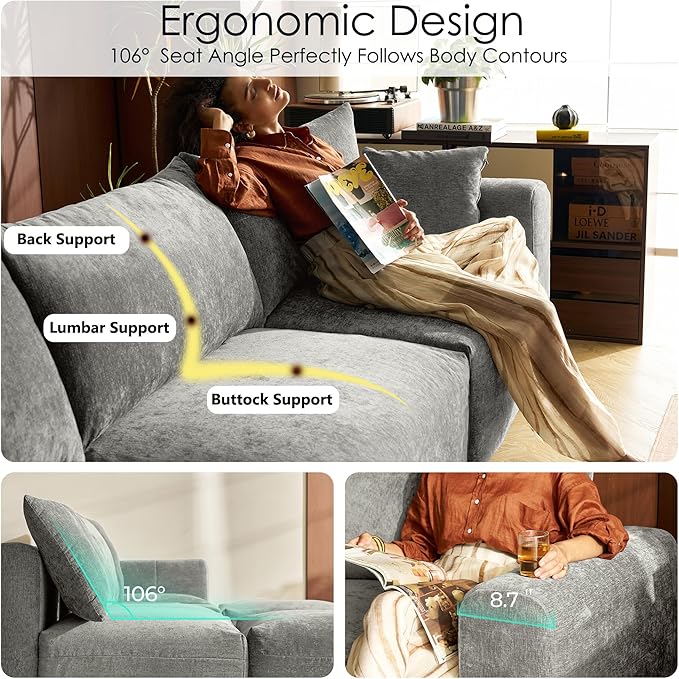 LINSY HOME Cloud Couch Sectional, Modular Sofa Sectionals for Living Room Bedroom, 91" L Shape Love Seat Couch with Ottoman, 2 Seater Deep Seat Cozy Couch Luxury Chenille Sofas, Grey