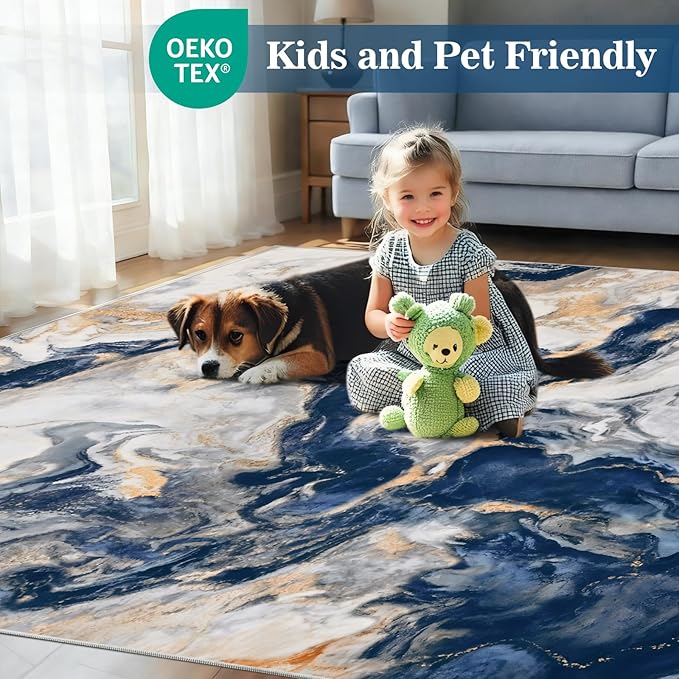 Yinhua Marble Area Rug 6x9, Modern Washable Rug Non Slip, Soft Faux Wool Abstract Rugs Non Shedding, Low Pile Living Room Rugs Pet Friendly, Blue and Gold Carpet for Bedroom Nursery Office