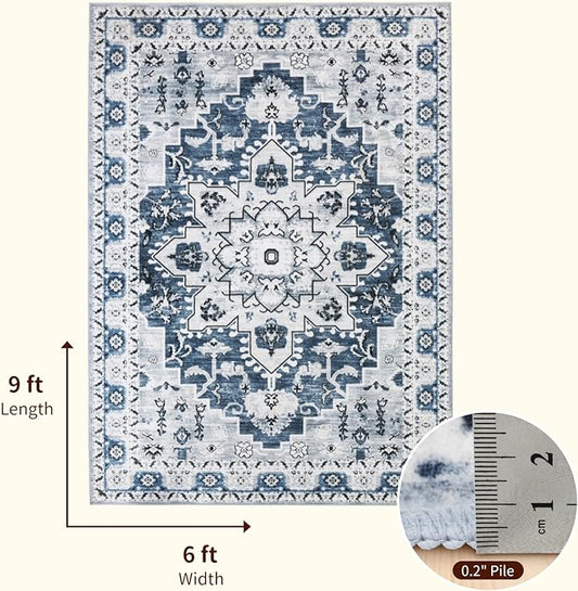 LBRO2M Boho Area Rug 6X9 for Bedroom Low Piles Indoor Rug, Non Slip Soft Carpet for Living Room, Dining Room, Blue Rug Foldable Pet Friendly Area Rugs Stain Resistant (6'X9' Blue)