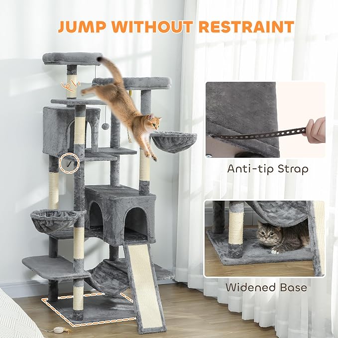 PawHut Cat Tree, 69" Multi-Level Large Cat Tower with 8 Scratching Posts, 2 Condos, 3 Hammocks, Scratching Ramp, 3 Perches, Dangling Toys, Activity Center for Indoor Kittens, Dark Gray