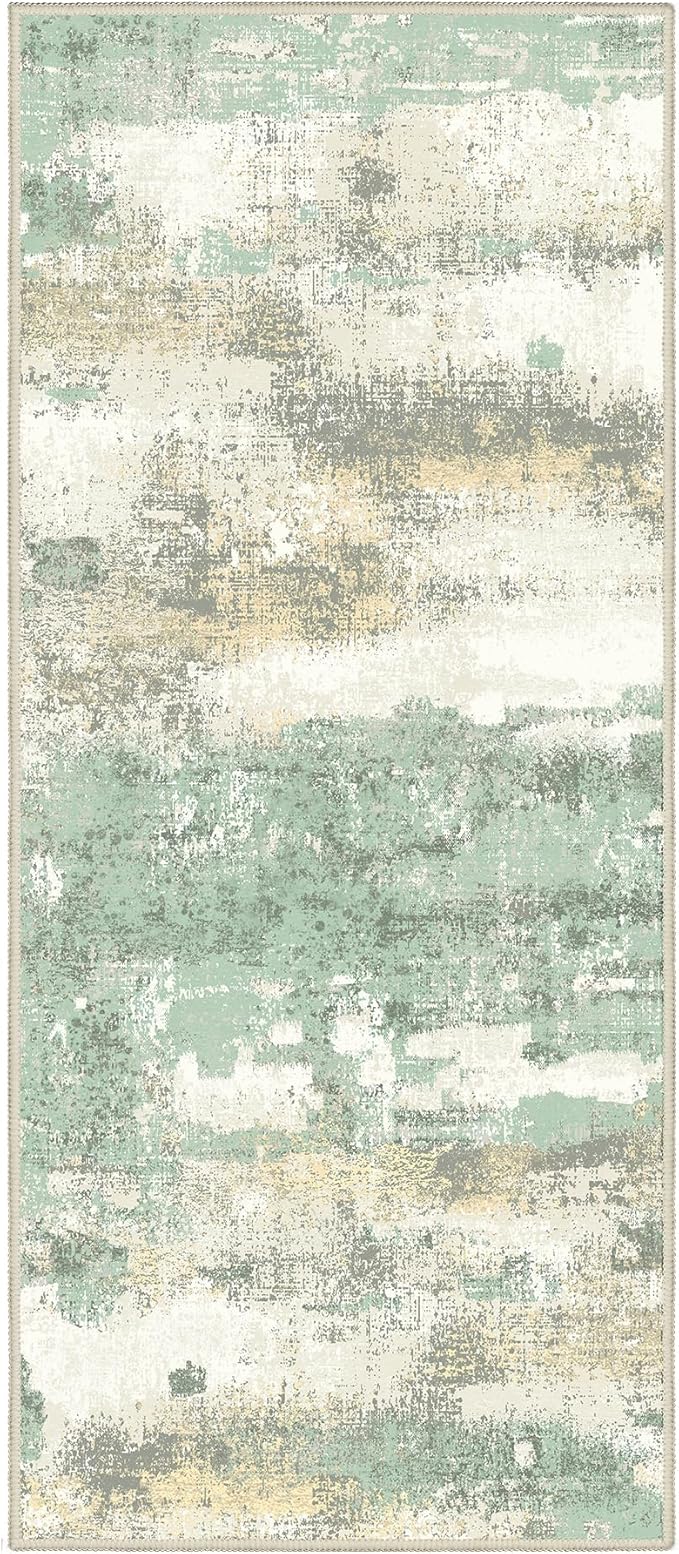 Runner Rug for Hallway Kitchen, 2'6"x4' Machine Washable Runners Rug for Entryway, Soft Modern Abstract Throw Rugs, Low Pile Floor Cover with Non Slip Backing, Light Green