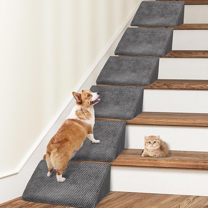 Update 40D Small Dog Steps/Stairs for Staircase, Foam Dog Pet Ramps for Small Dogs, Non-Slip Pet Ramps for Stairs Inside House, Stair Ramp for Injured Dogs Cats with Anti-Slip Strip, 6 Pack
