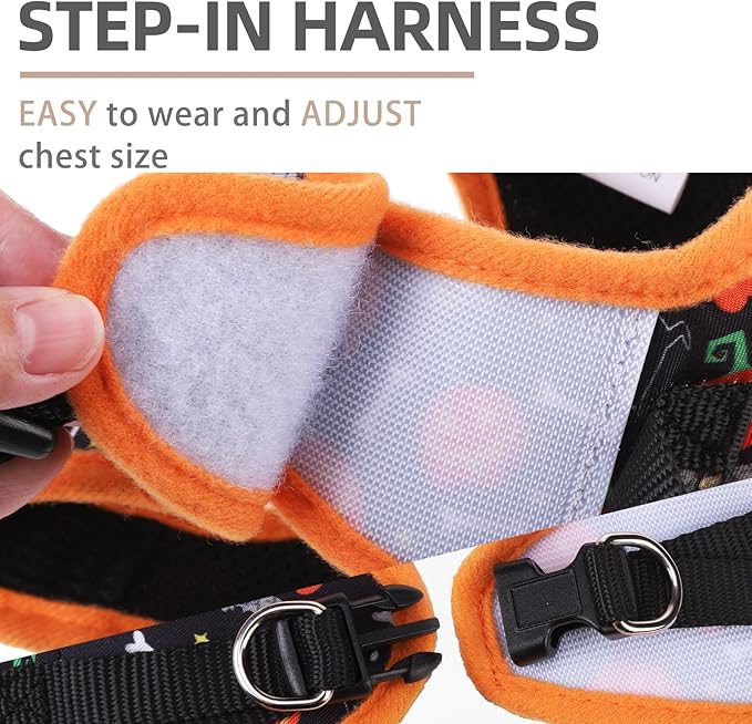 PUPTECK Adjustable Dog Harness Collar and Leash Set Step in No Pull Pet Harness for Small Medium Dogs Puppy and Cats Outdoor Walking Running, Soft Mesh Padded Reflective Vest Harnesses, Halloween, XS