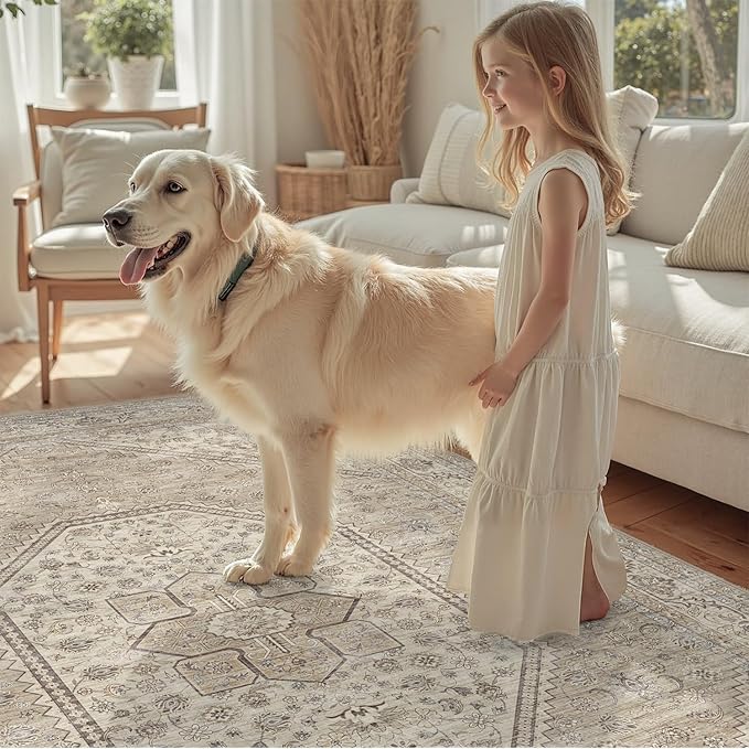 DCX Machine Washable Brown and Beige Area Rug 8x10, Non Slip Stain Resistant Vintage Floral Rug for Living Room Bedroom Nursery, Soft Low Pile Large Carpet