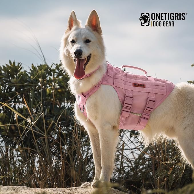 OneTigris Tactical Dog Harness for Small Dog, No Pull Small Dog Vest Harness with Handles Breathable Military Dogs Molle Vests for Walking Hiking Training (Pink, Medium)