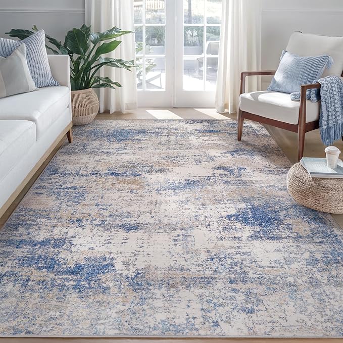 Area Rug Living Room Washable Rugs: 5x7 Modern Neutral Abstract Low Pile Non Slip Floor Carpet - Large Soft Thin Stain Resistant Rug for Bedroom Dining Indoor Office Home, Blue Brown